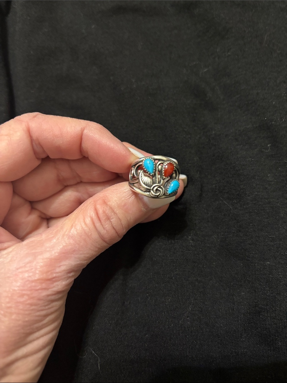 Sterling Silver Turquoise & Coral Statement Ring - size 7 - Picture 4 of 4
